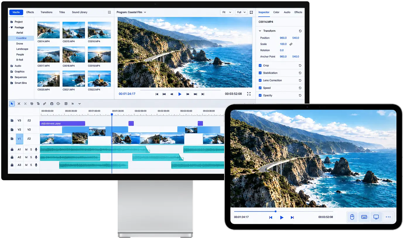 A desktop monitor editing a coastal video while a tablet displays the same video remotely