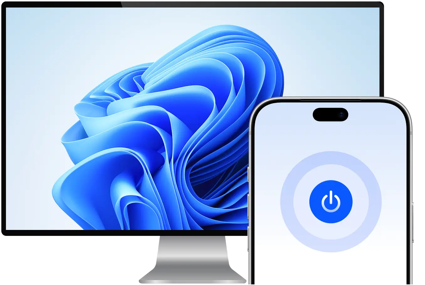 A desktop monitor and smartphone shown together, with a remote power control button on the phone