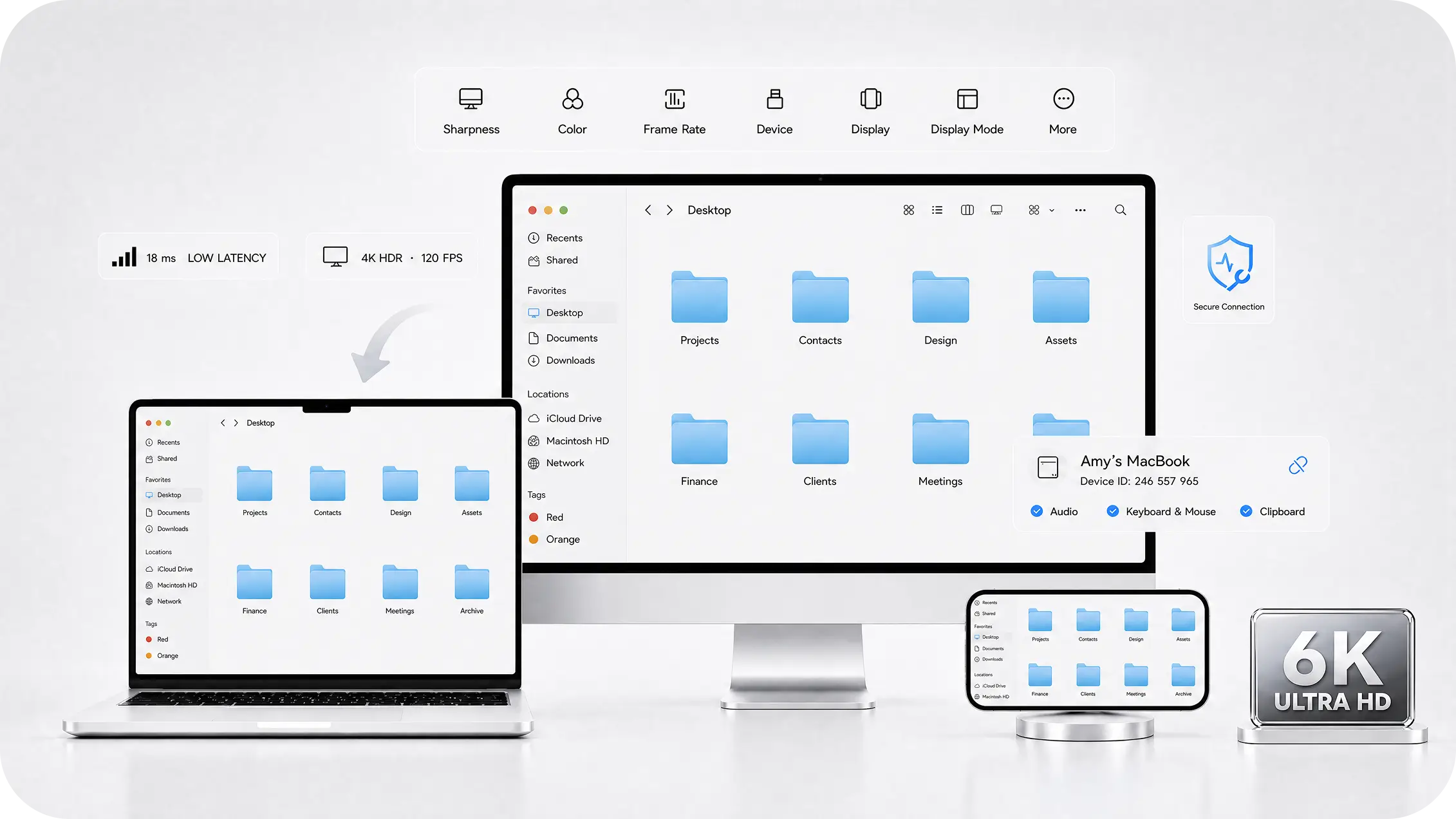 A desktop, laptop, and smartphone displaying the same file manager for remote cross-device file access