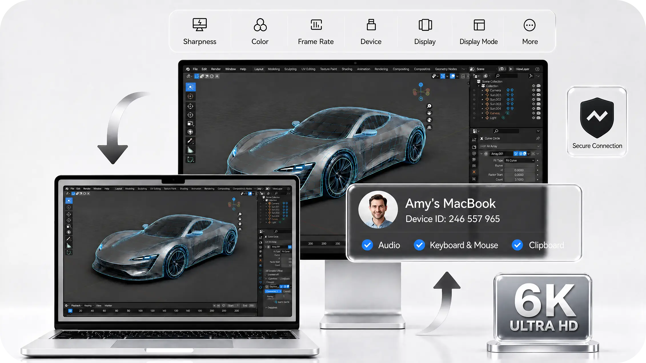 A laptop and desktop monitor displaying the same 3D car model for high-resolution remote design work